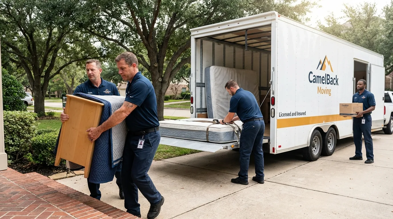 Crew loading residential truck for cross-state move from Eldon, MO