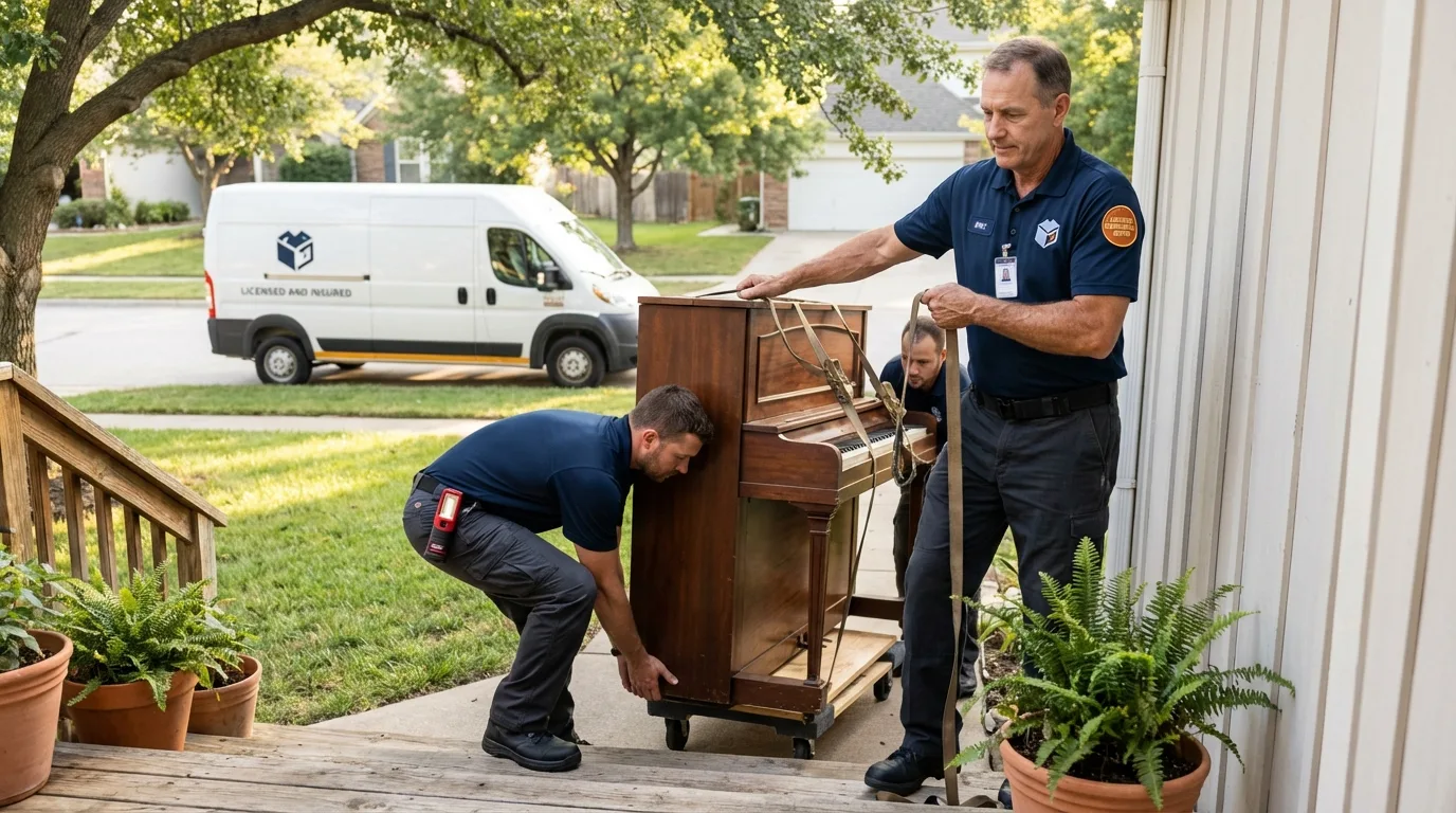 Licensed piano movers securing grand piano in Eldon, MO