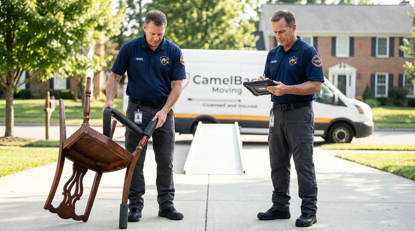 Movers inspecting furniture for damage prevention before loading in Eldon, MO