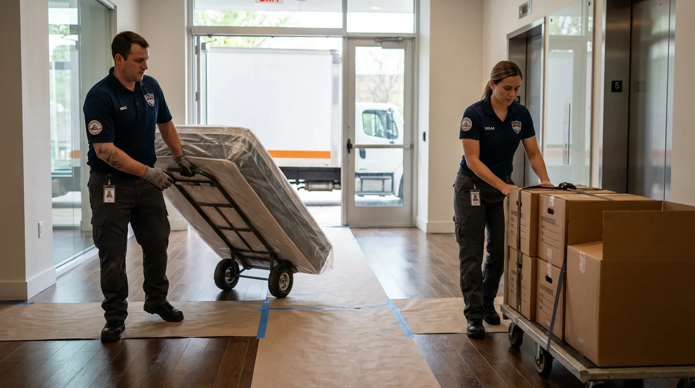 Professional apartment movers loading elevator in Eldon, MO