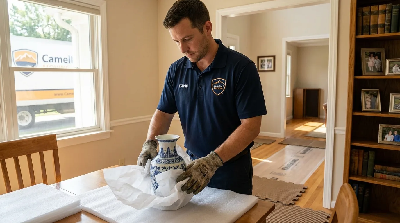 Professional crew carefully wrapping antique vase for senior downsizing move in Eldon, MO